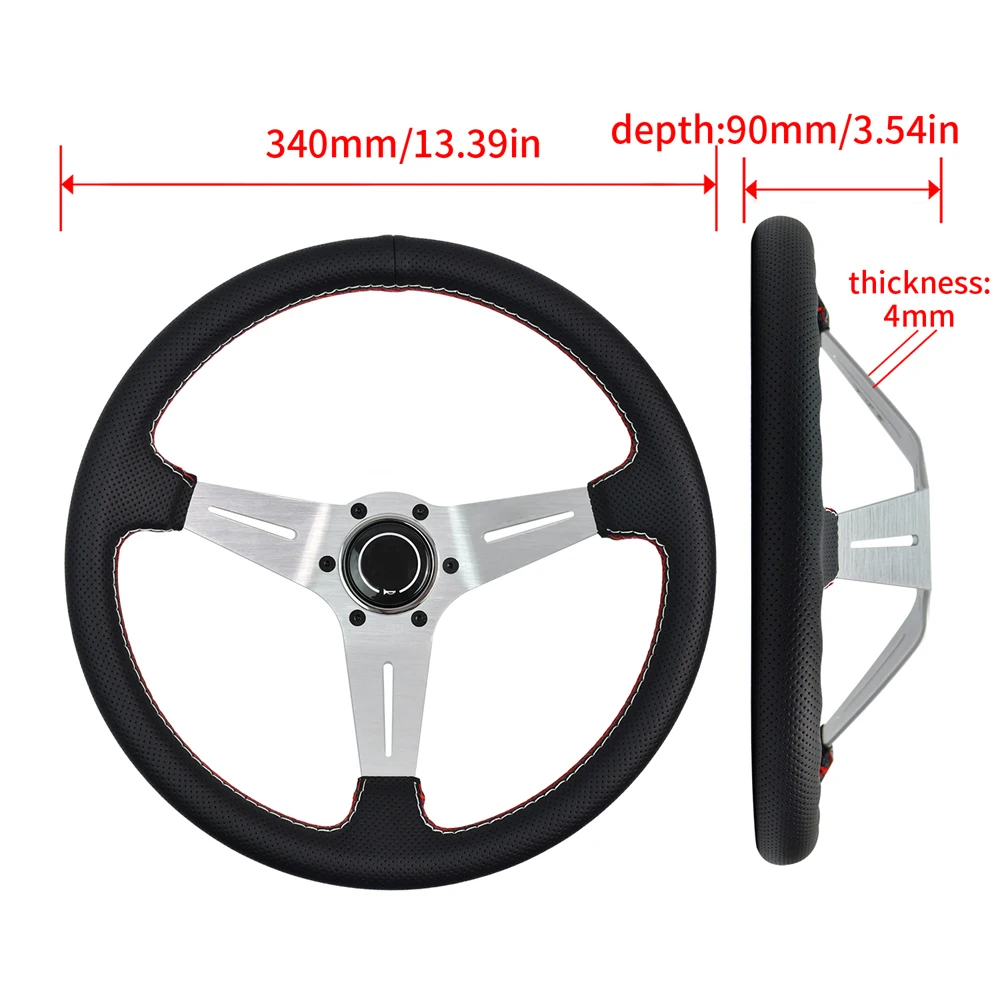 340mm Microfiber Perforated Leather Universal Steering Wheel Deep Concave Drift Sport Steering Wheel with Red and White Stitched