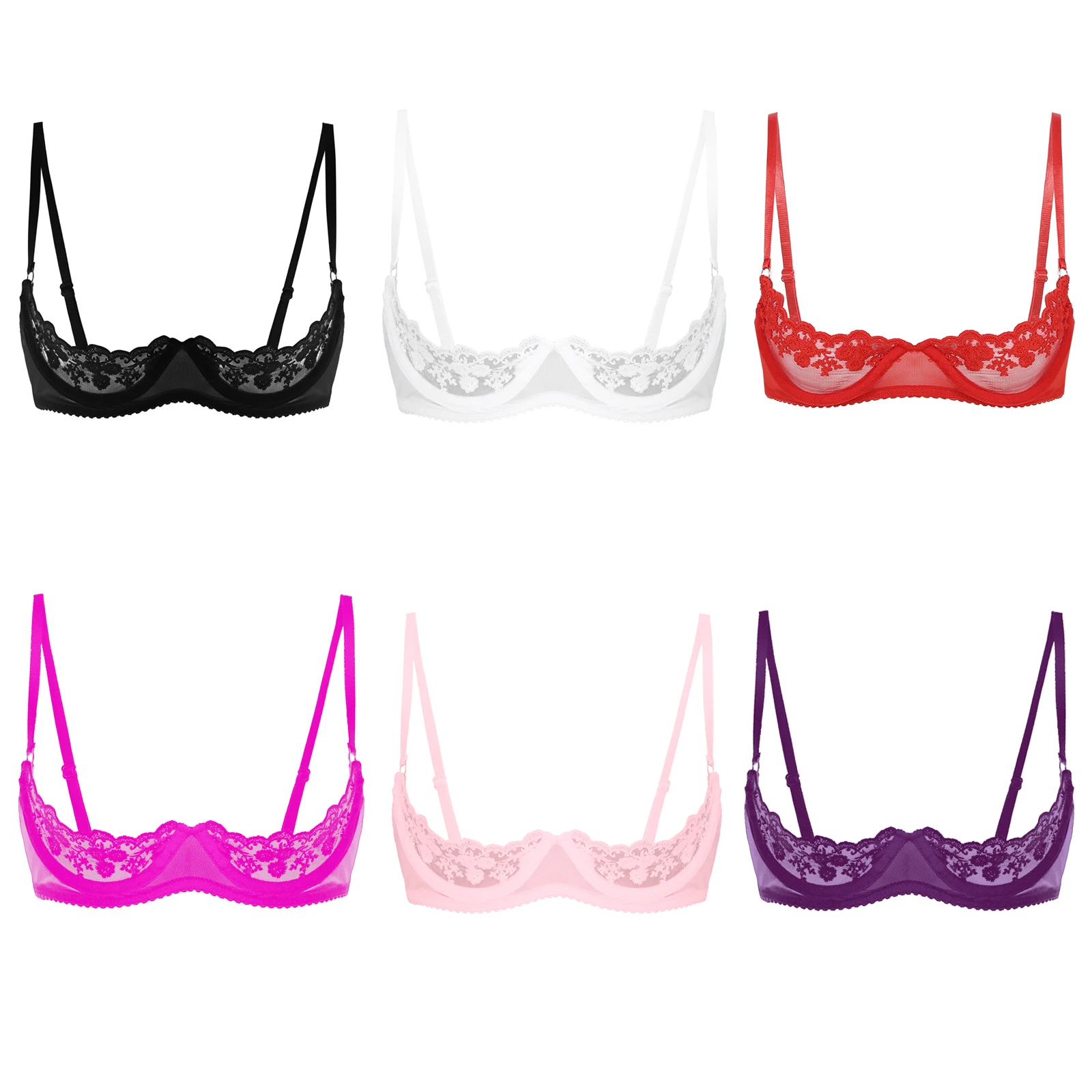 Womens Sheer Lace Lingerie 1/4 Cups Adjustable Strap Unlined Underwired Push Up Bra Tops