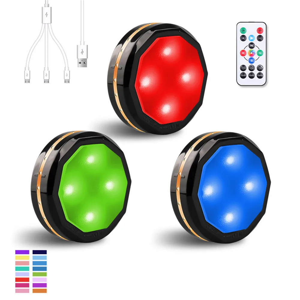 USB Rechargeable RGB Round Dimming Function LED Small Press Night Light Mini Cabinet Atmosphere Ceiling Light