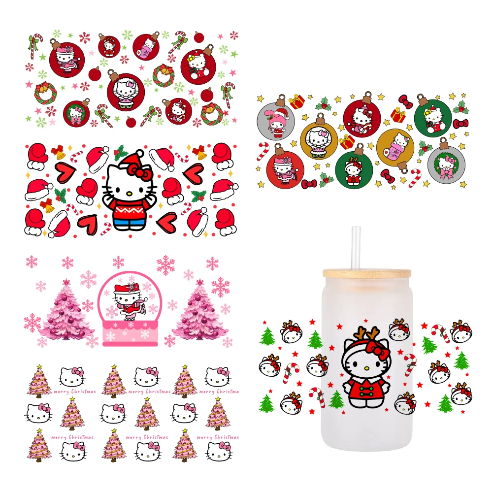 

fashion Hello Kitty Christmas gift Pink cartoon For Libbey 16oz Can Glass 3D Waterproof UV DTF Coffee Can Wrap Libbey Glass Wrap