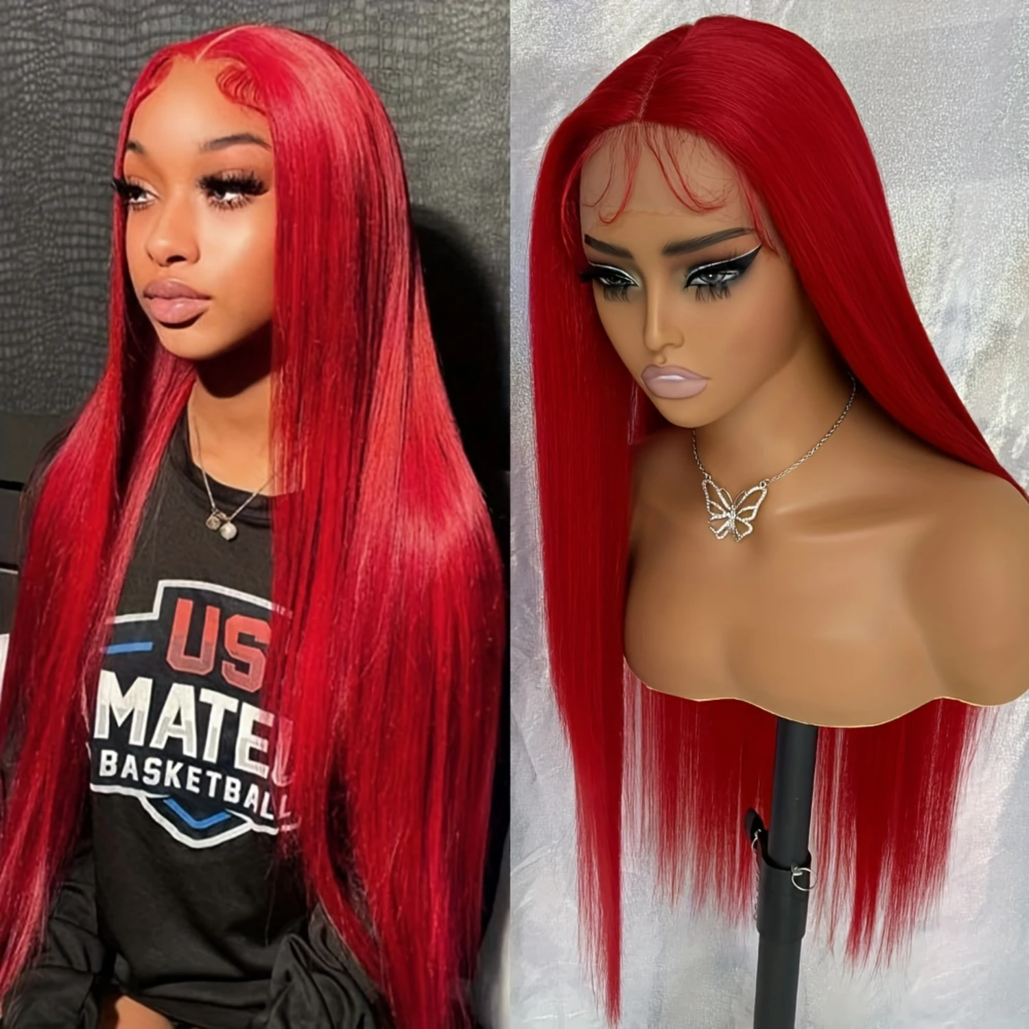 

Perfect for parties, concerts, makeup, and daily wear, this stunning long straight synthetic lace front wig in a vibrant red col