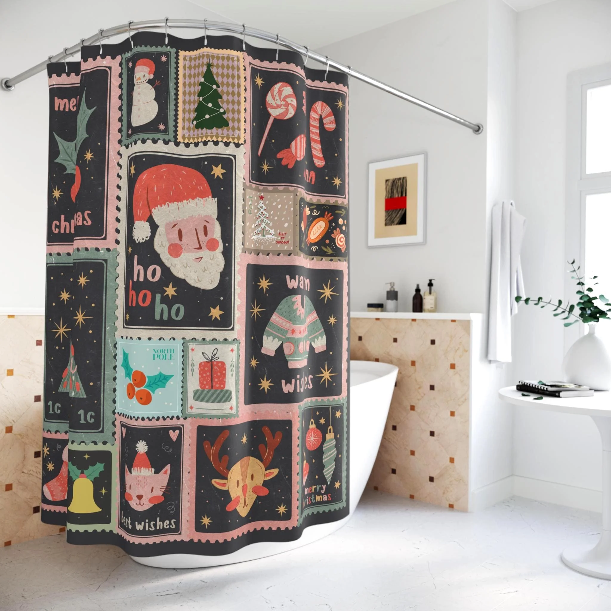Cute Christmas Holiday Shower Curtain Festive Xmas Scene Santa Claus Gingerbread Man Design Bathroom Decor
