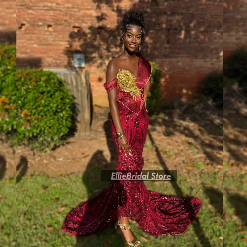 

Sparkly Burgundy Prom Dresses for Black Girls Sheer Neck Sequin African Mermaid Evening Gowns vestidos de fiesta Customized
