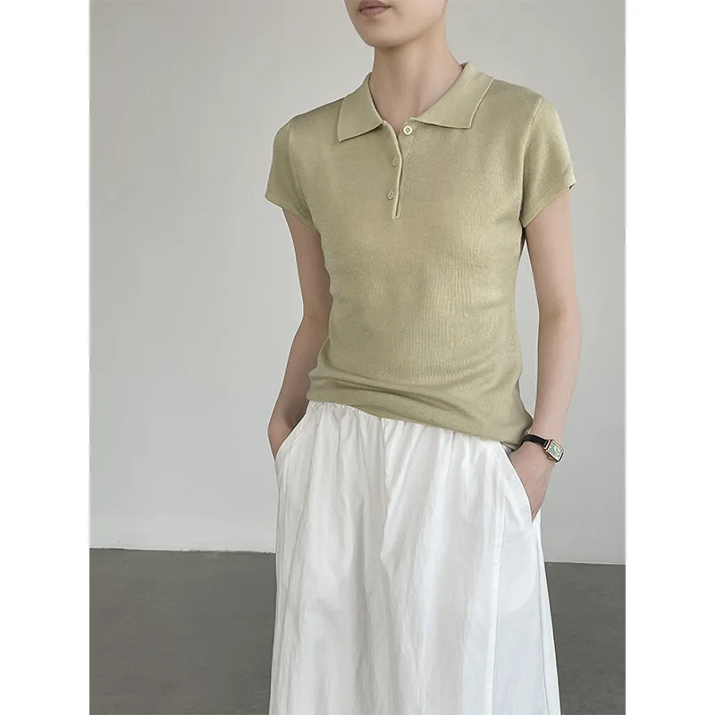 Taochuan Commuter Neck Knitted Short Sleeve Women's Summer Trendy Wool Blend T-Shirt Top Yl Thin Gauge Knitted Wool Blen...