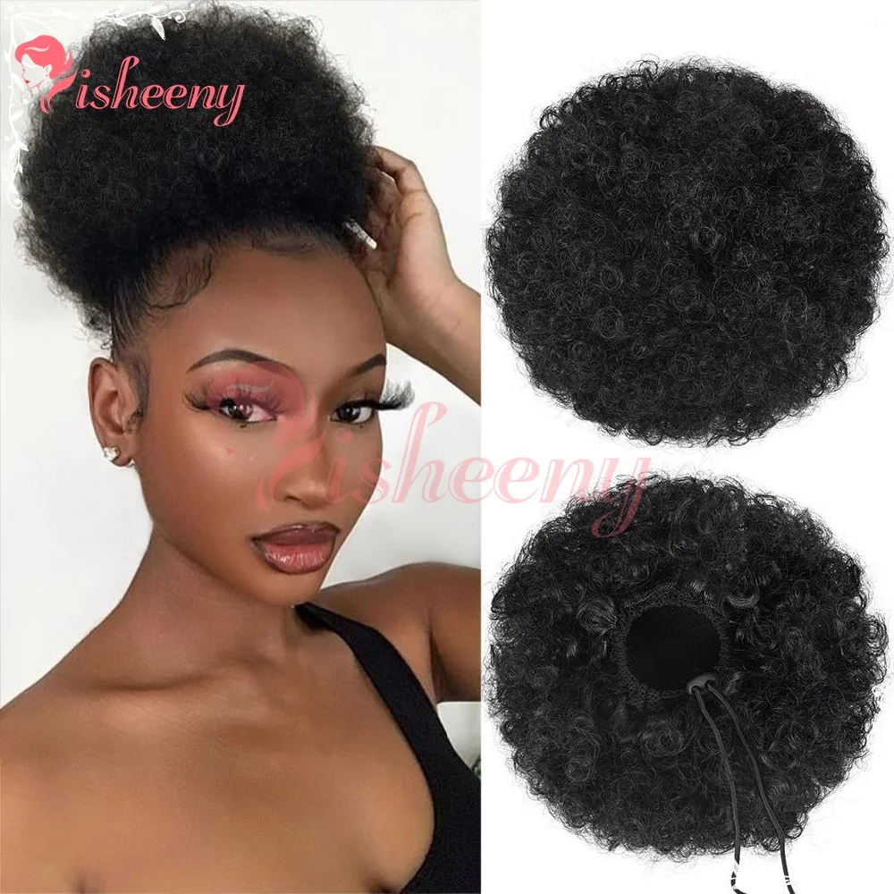 Isheeny Human Hair Afro Puff Drawstring Ponytail No‑Slip Kinky Curly Bun Breathable Anti‑Sweat Mesh Net Adjustable Drawstring Clip In Hair Piece Blend Perfectly With Natural Curly Hair For Black Women