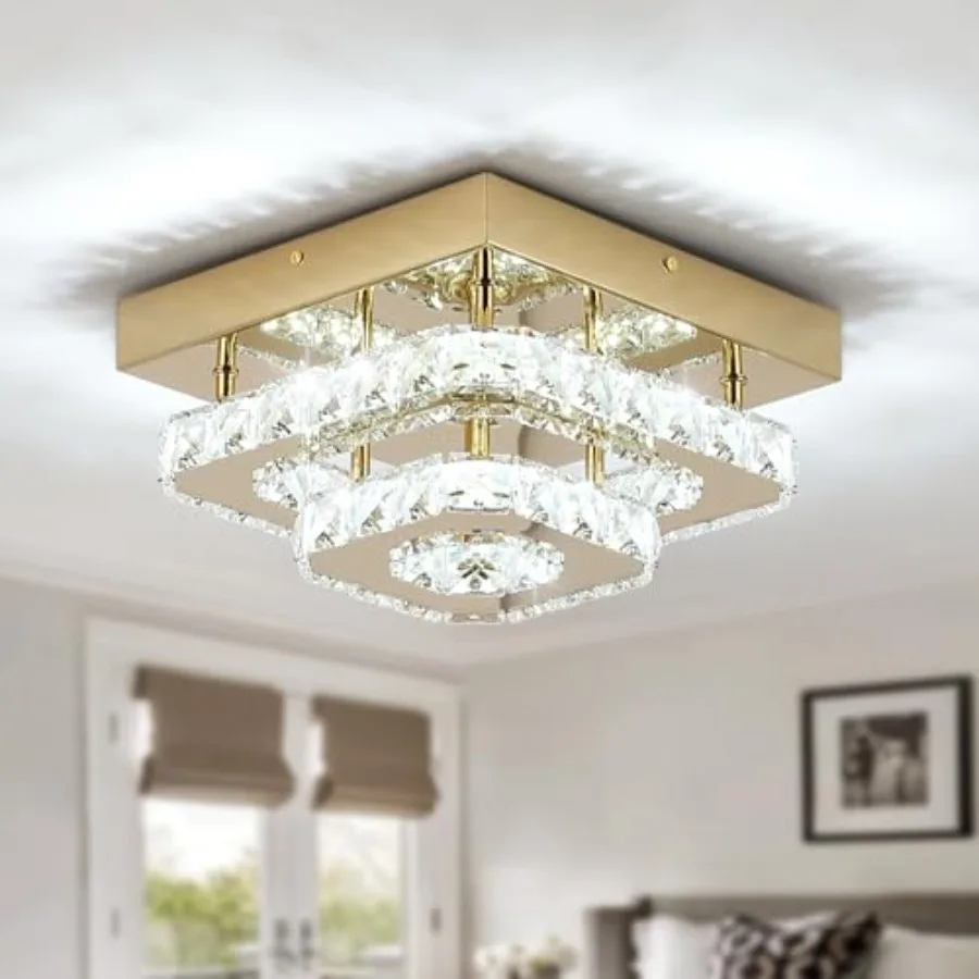 

Small Square Crystal Chandelier Flush Mount Ceiling Light 9.8" Surface Mount LED Fixture with Built-in Light Modern Ceiling Lig