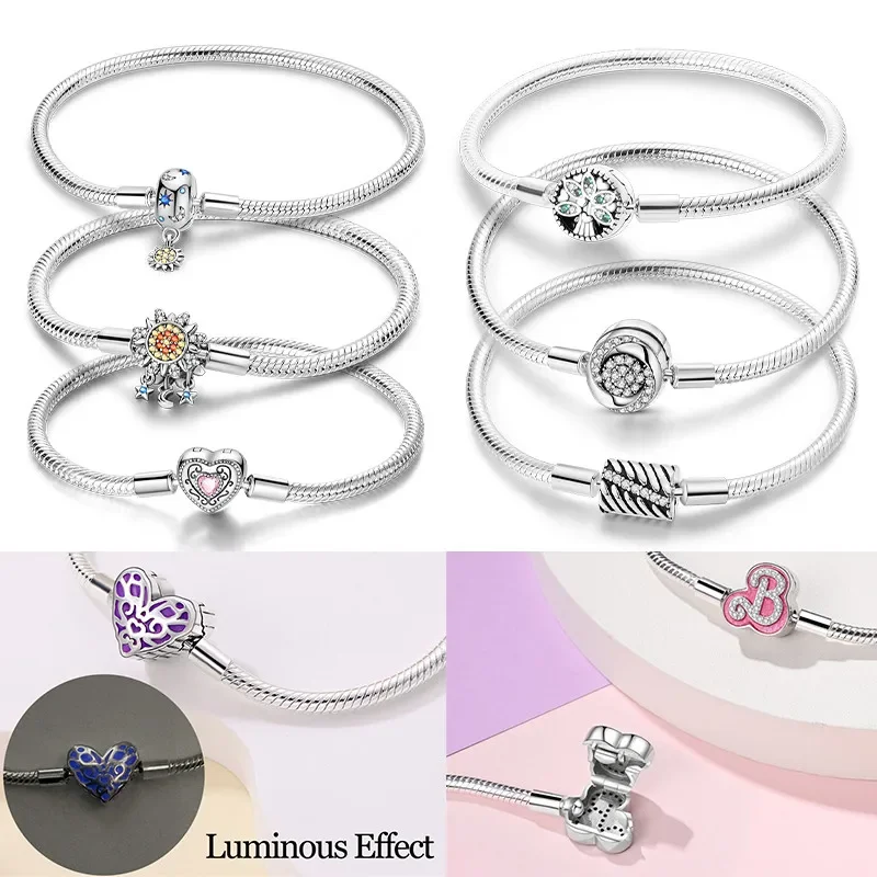 

Real Sterling Silver Snake Chain Heart Butterfly Cat Claw Original Bracelets DIY Charms Beads for Women Jewelry Gift Making