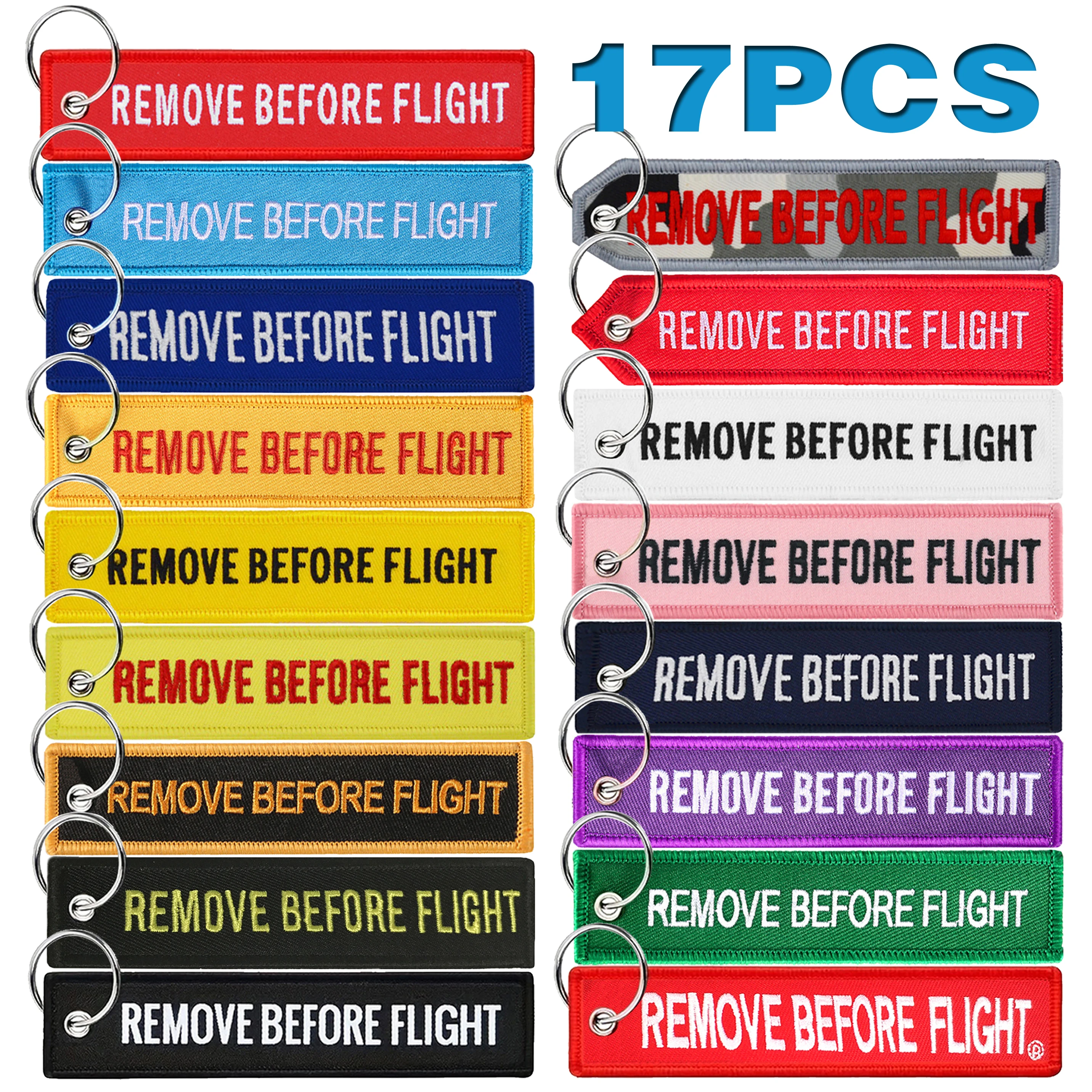 

17Pcs Remove Before Flight Tags Keychain Keyring Rectangle Polyester Embroidery Message Multicolor