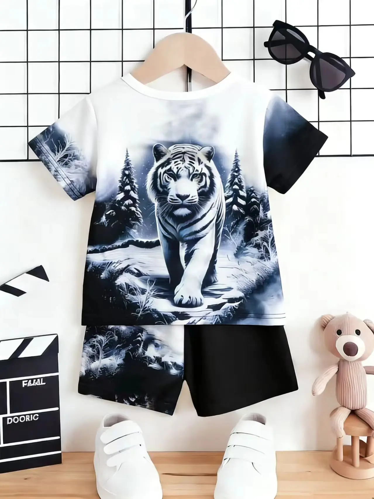 Summer New Arrival Boys Ink Wash Tiger All Over Print Short Sleeve Shorts Set