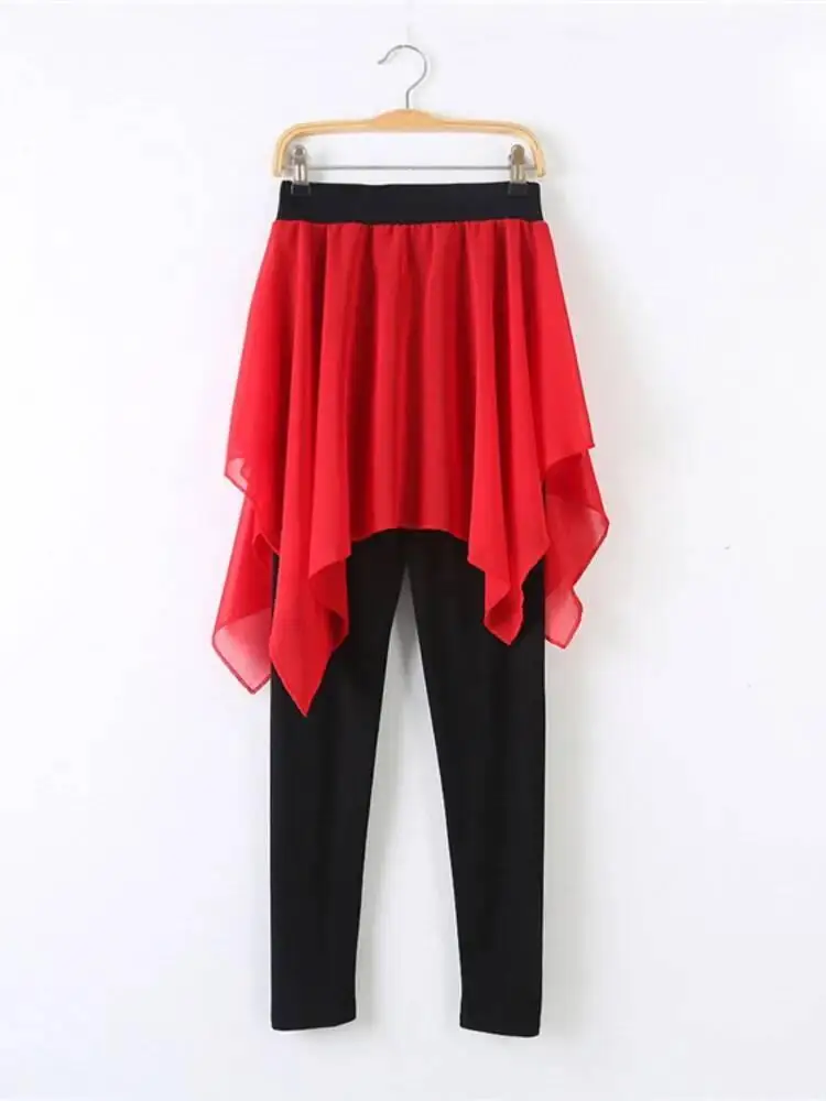 Faux Two Piece High Waist Skirt Pants for Women Classical Dancewear Solid Color Loose Fit Performance Bottoms for Training Stage