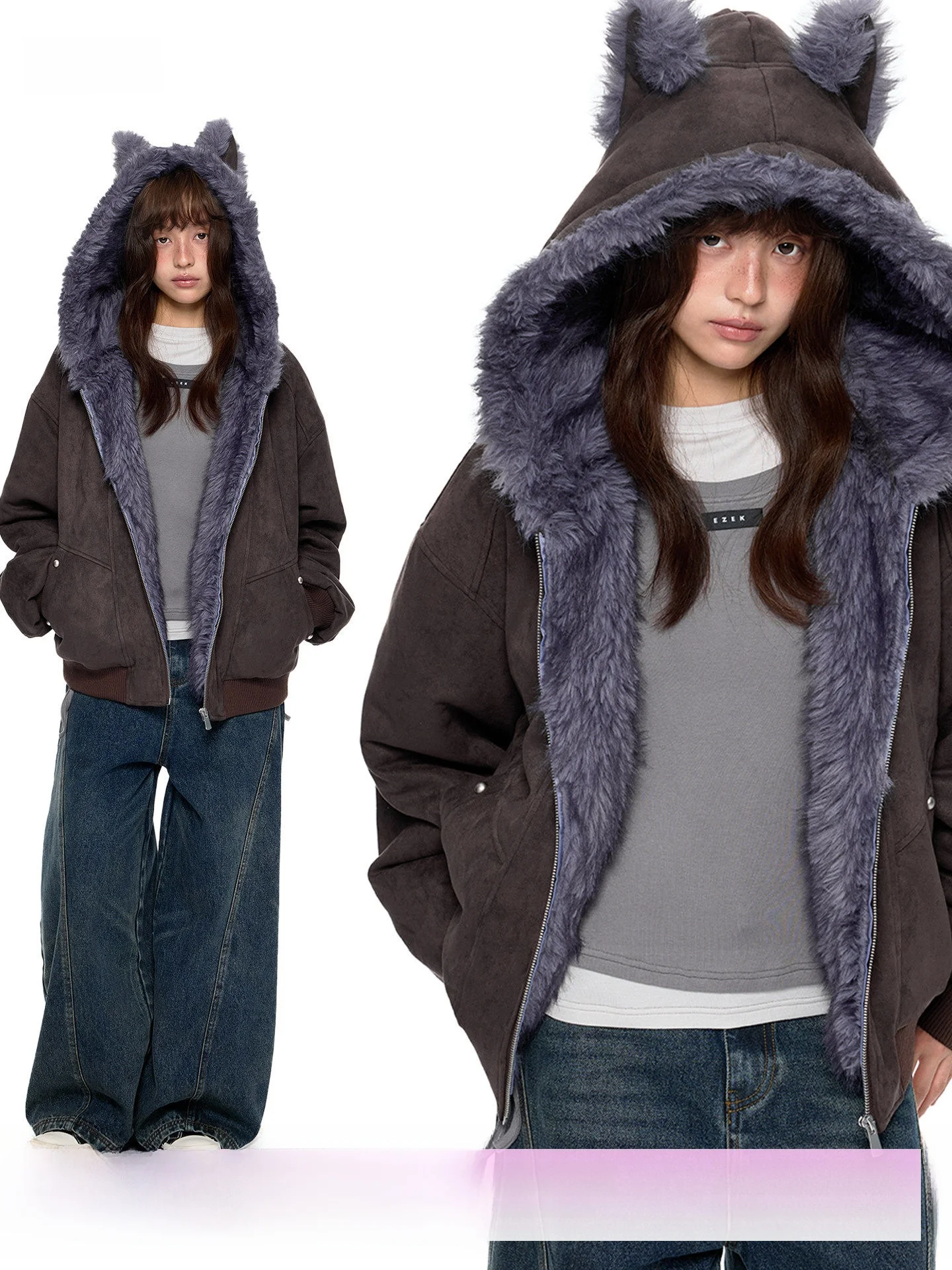 

EZEK женское замшевое пальто свободного покроя с ушками, повседневная уличная одежда, хлопковое пальто, осень-зима, новинка Sle