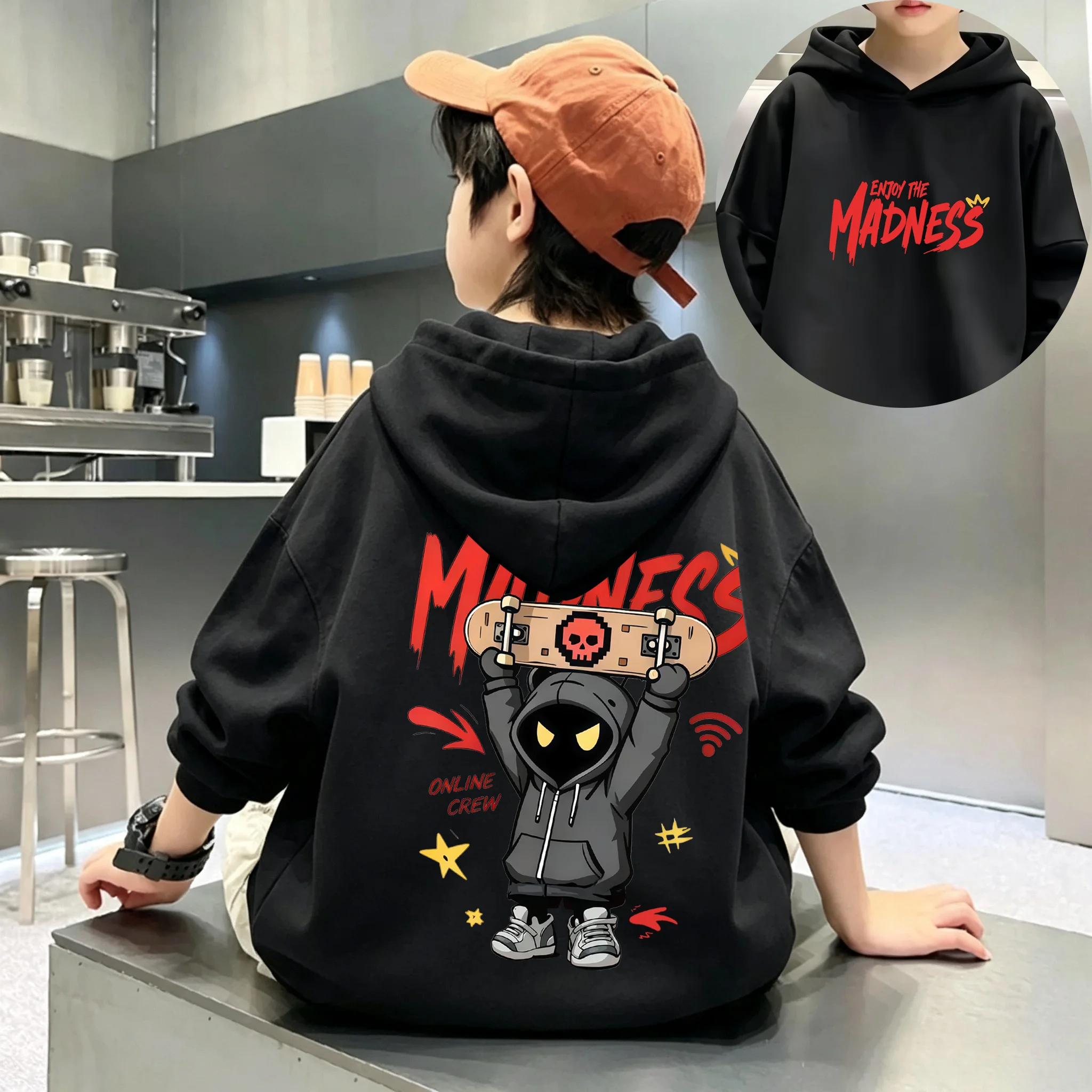 Autumn/Winter Children's Hooded Sweatshirt with Cool Furry Bear Pattern and Skateboard Print Soft Sporty Pullover Sweater