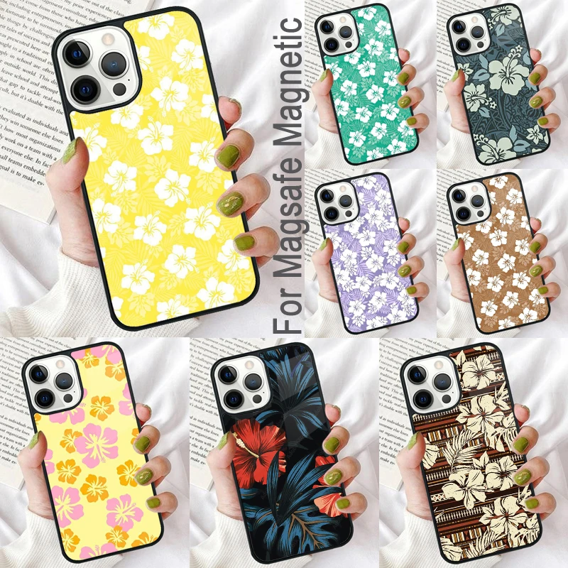 Hibiscus Retro Hawaiian Flower Magnetic Soft Phone Case for iPhone 16 Promax 15 Pro 13 14 Plus 11 12 Mini MagSafe Coque