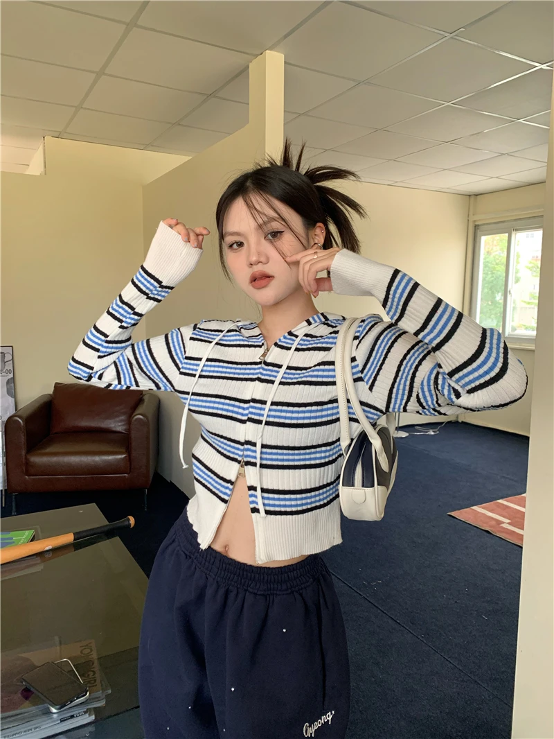 Korean Sle Autumn Winter Striped Color Blo ort Fit Women's Sweatirt Jaet Double Zipper Hooded Commute Friendly