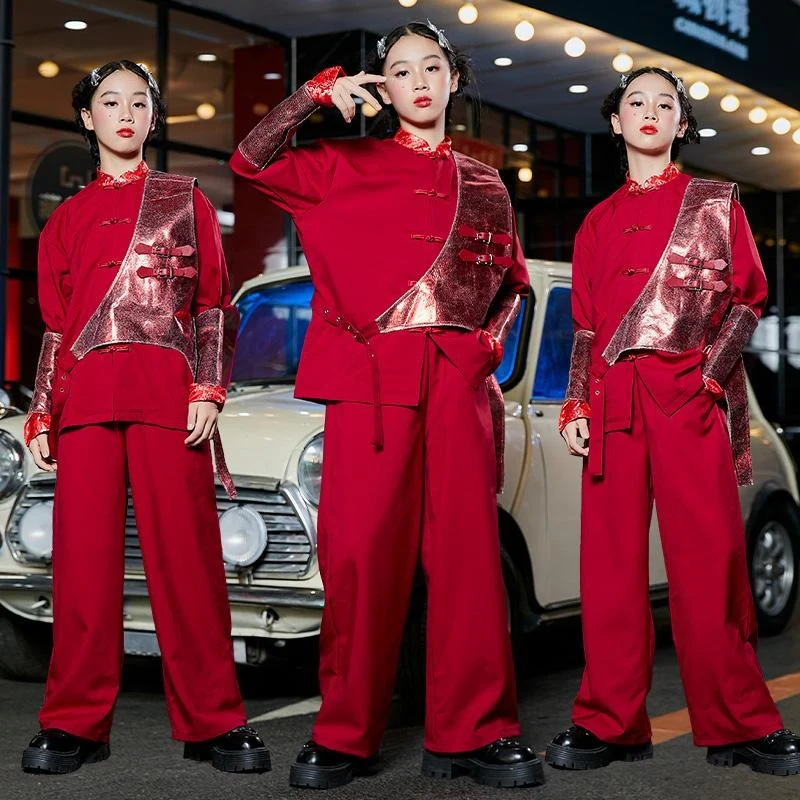 2024 New Chinese Style Red Outfits Fashion Hanfu Costumes Jazz Dance Performance Stage Clothes Hiphop Festival Costumes DQS18203