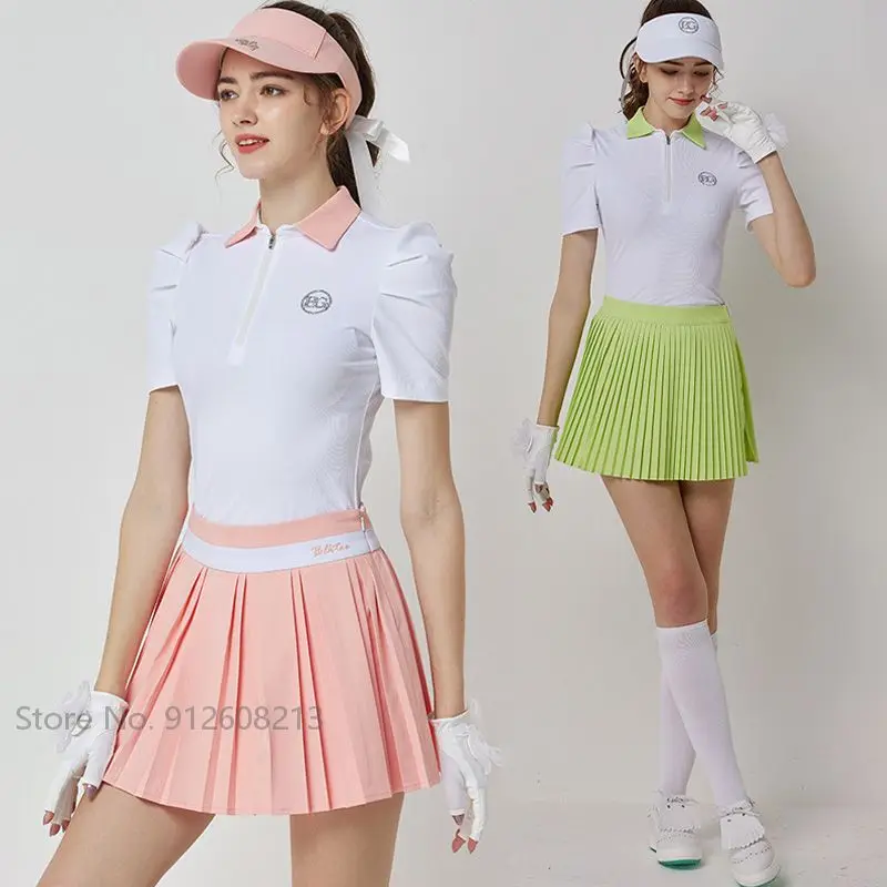 

Blktee Summer Female Zipper Collar T-shirts Puff Sleeves Golf Shirt Women High Waist Pleated Skirt Anti-empty Golf Culotte Sets