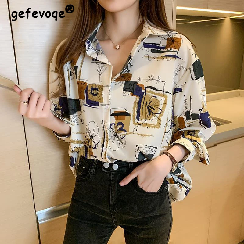 Primavera outono novo estilo coreano tendência impressão botões manga longa chiffon camisa senhoras elegante moda all-match blusa topo feminino