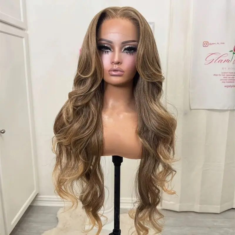 

28-дюймовый парик омбре каштаново-коричневого цвета с эффектом волнистых волос, синтетический, с кружевной передней частью и естественной линией роста волос, для косплея, повседневного использования и вечеринок, длинный парик