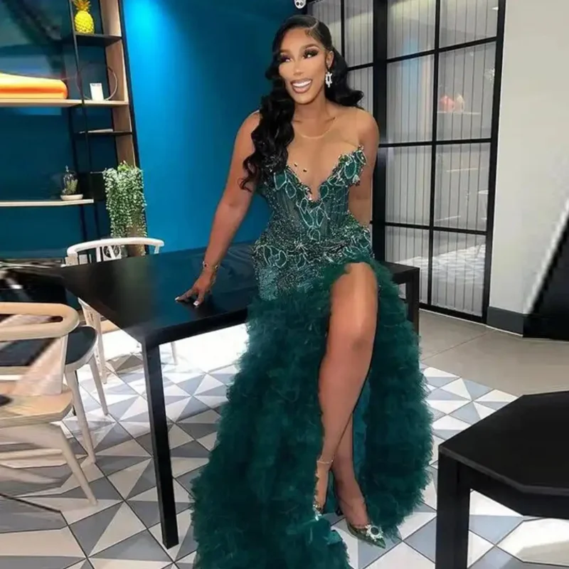 African Evening Dress Beading Ruffled Mermaid Luxury Prom Dresses Beads Applique Emerald Green Formal Gowns Sexy Split Long