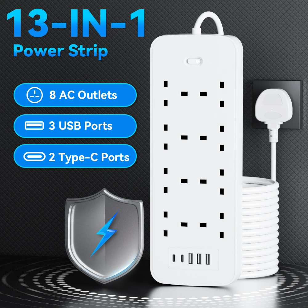 

A 13-in-1 Uk Standard Power Strip with Overload Protection, Featuring 8 Ac Outlets, 3 USB Ports, and 2 Type-C Ports Offer