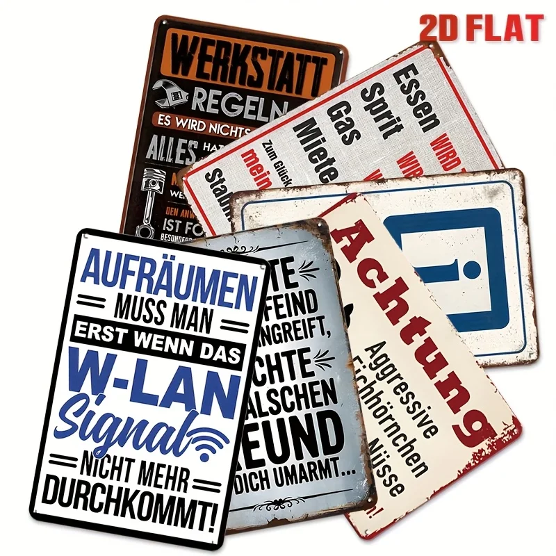 Set of 6 Vintage German Metal Signs Featuring Humorous Quotes, Measuring 8.0X12.0 inch. These Retro Wall Decorations Are Made fr