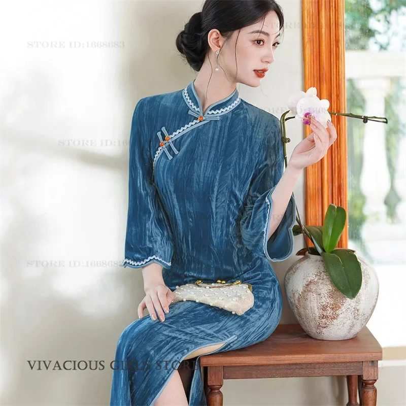 

Элегантное бархатное платье-ципао с длинными рукавами, традиционное китайское платье ханьфу, винтажный классический национальный костюм, китайское платье-чонсам