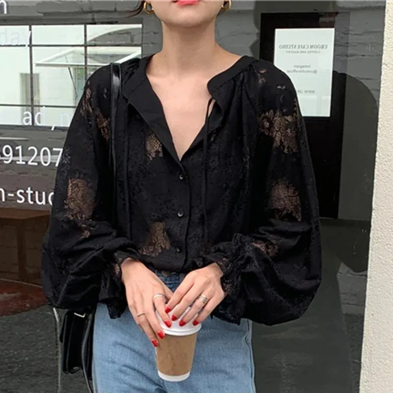 Fashion Vintage Lace Blouse Women New Lantern Sleeve V-neck Shirt Woman Loose Elegant Flower See Through Sexy Tops Blusas 10202