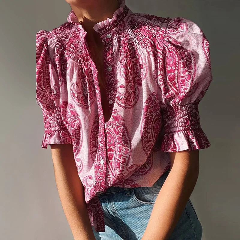 Vintage Ethnic Print Women\'s Pleated Blouse Chic Ruched Stand Neck Short Puff Sleeves Buttons Shirts 2024 Ladies Elegant Streetw