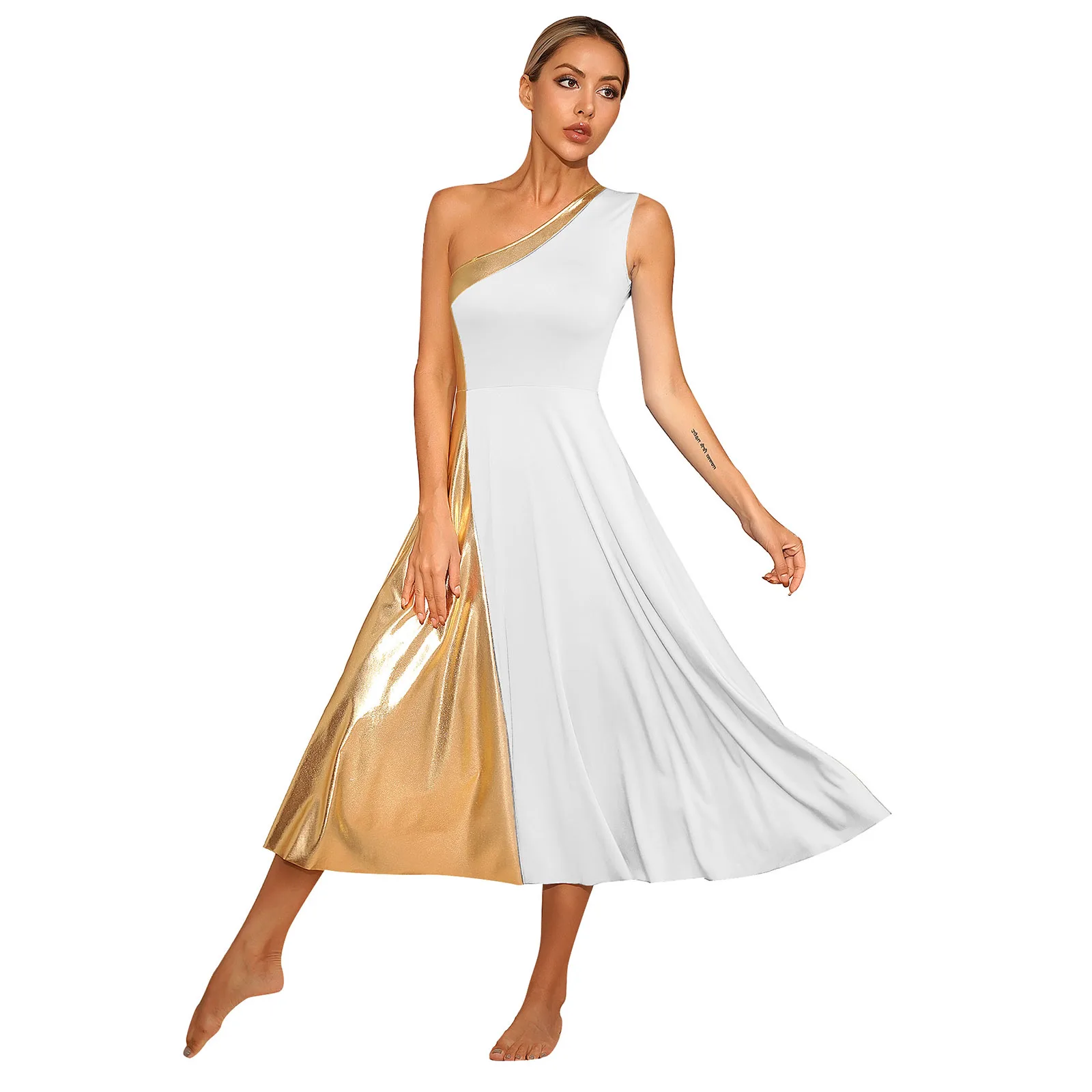 Womens Morden Lyrical Dance Dress Church Praise Choir Ballroom Dancing Performance Costume One Shoulder Maxi Dresses Dancewear