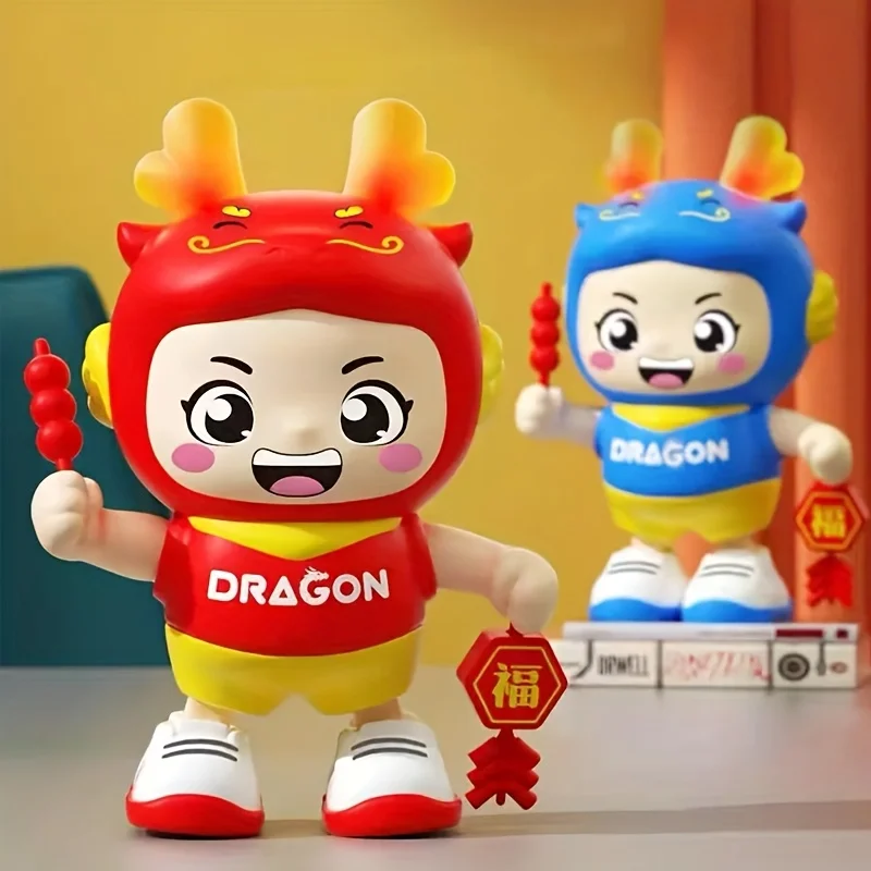 Giocattolo drago animato con luce e musica, mascotte dello zodiaco cinese, decorazione del festival, oggetto per feste per bambini, rosso/blu