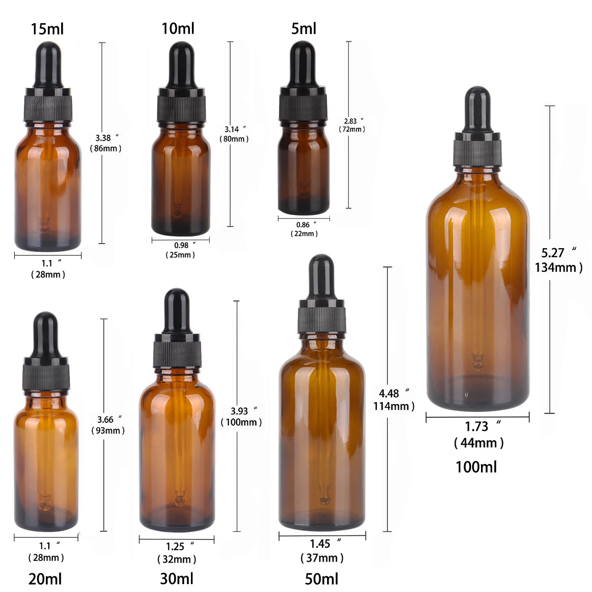 6/12/24pcs 5ml 10ml 15ml 20ml 30ml 50ml 100ml Amber Glass Dropper Bottles with Glass Pipette for Cosmetic Perfume Essential Oils