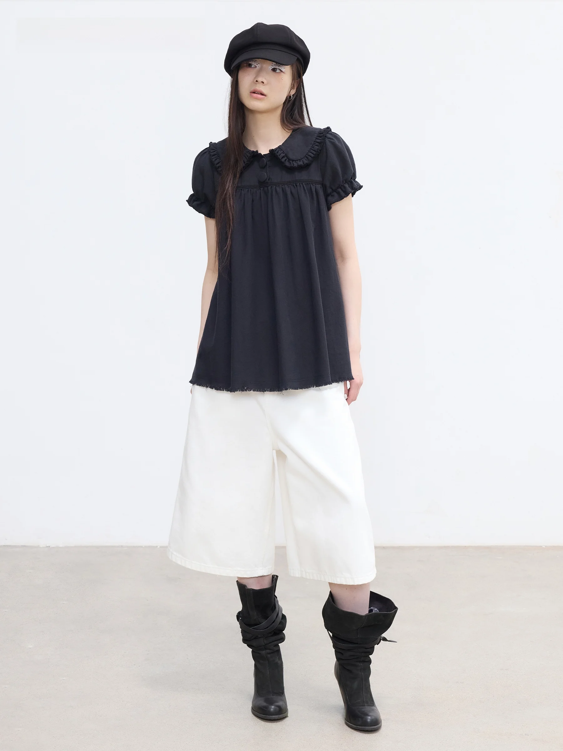 

VERMO Vintage Playful Doll Collar Slimming Loose A-Line Frayed Washed Top Casual Style Cotton Linen Blend Short Sleeve Tee