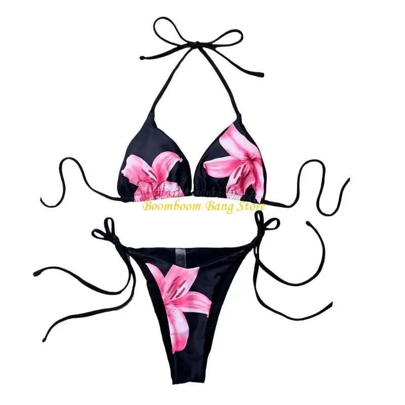 

270C Women Triangular Thong Swimwears Set Halterneck Swim Top and Low Waist Briefs