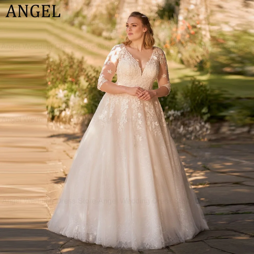 

ANGEL Boho Тюлевое свадебное платье больших размеров по индивидуальному заказу, трапециевидное платье принцессы с v-образным вырезом, вечерние аппликации для невесты, свадебные платья на шнуровке с открытой спиной