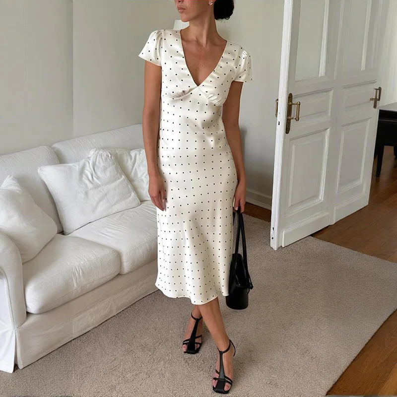 Tornova Satin Printed Long Dress Women's New Short Sleeve V neck Dress Casual Elegant Commuting Outfits High Waist Flower Dress