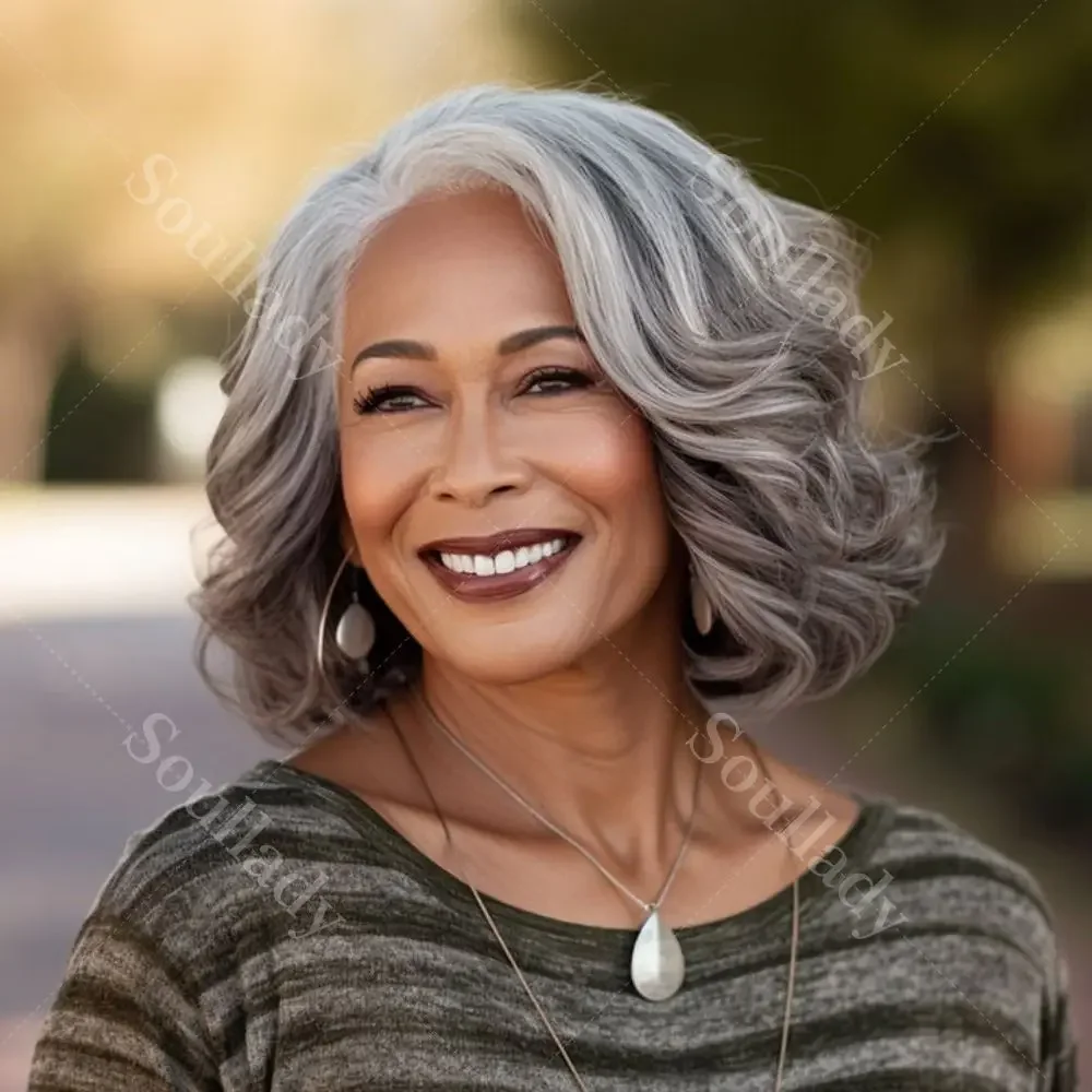 

WIG QUEEN Salt And Pepper Wavy Glueless Short Bob Human Hair Wigs Body Wave Handmade 5x5 HD Lace Wigs Comfortable Fit For Mom