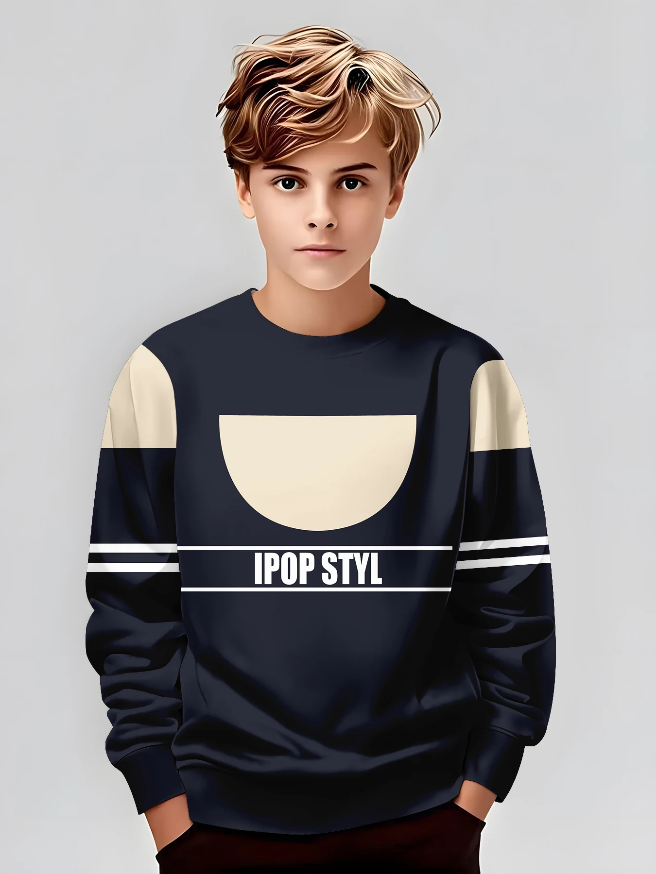 

Детская толстовка с цветными блоками и надписью, темно-синяя расцветка, удобная и легкая в носке