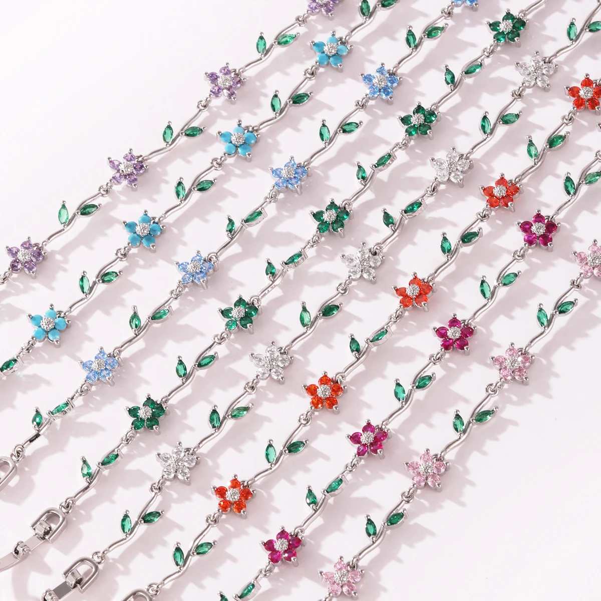 Luxury Multicolor Gemstone Flower Bracelet Gold Plated Leaf Vine Chain Bracelet Bangles Romantic Wedding Party Jewelry for Women