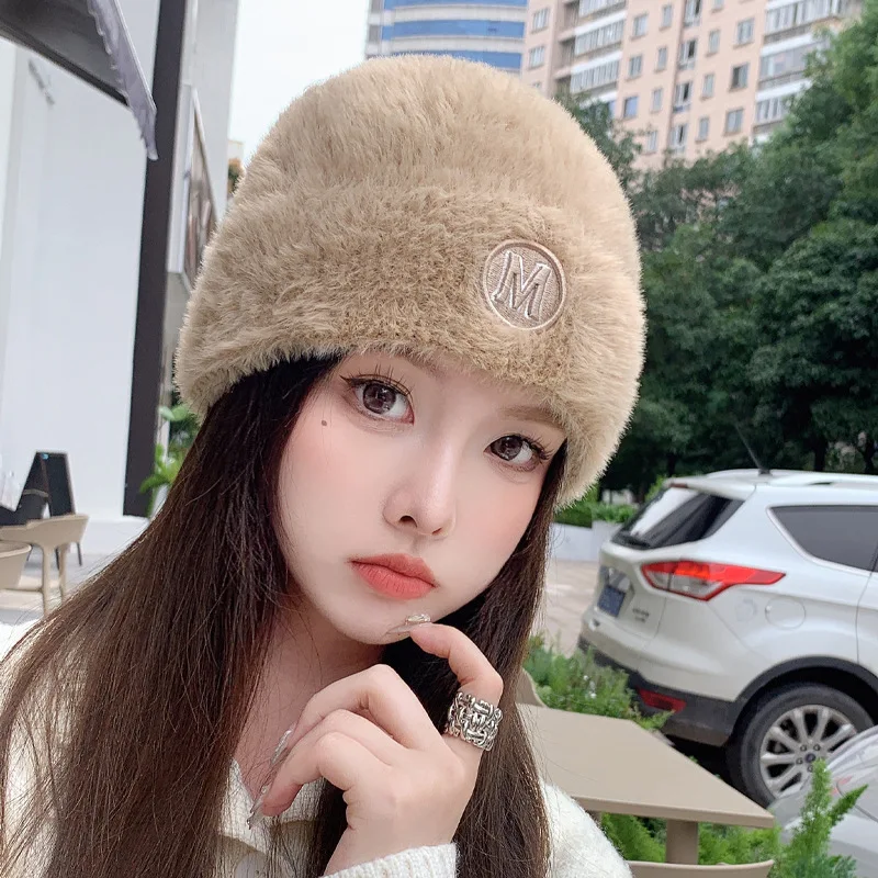 Autumn and winter new women\'s hat plush letters wool cap warm knitted cap padded caps solid color velvet cap