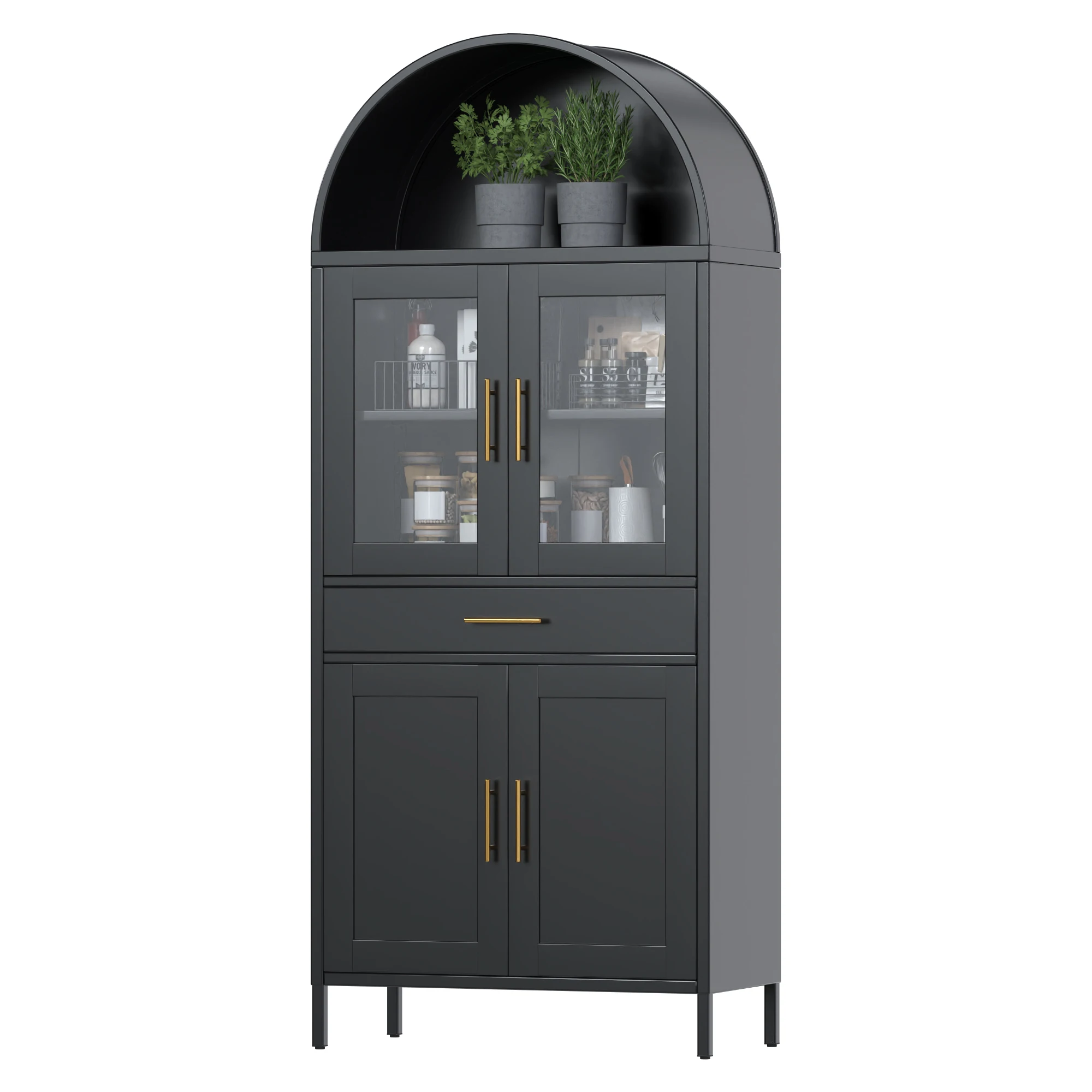 Gabinete de despensa de cocina arqueado de metal de 73 pulgadas, estantería de arco moderna para la sala de estar de la oficina en casa, requiere ensamblaje, negro