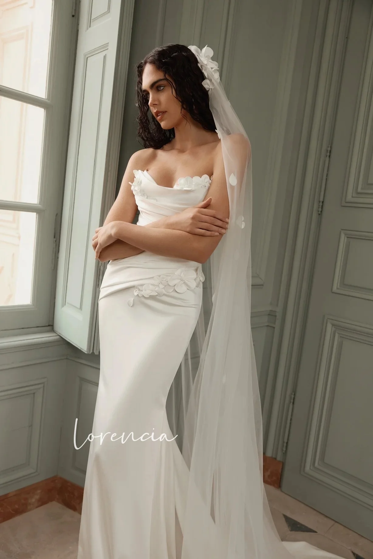 Lorencia Sweetheart Satin Mermaid Wedding Dresses Sleeveless 3D Flowers Fitted Bridal Gowns Customized Trumpet Bride Dresses