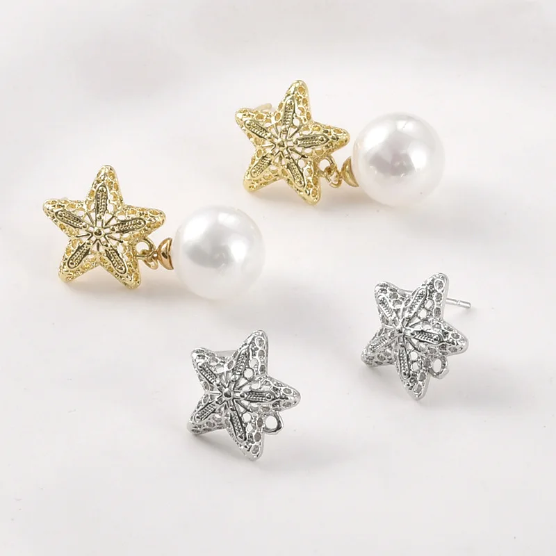 Copper Plated 14k Gold Color Preservation Hollow Starfish with Hanging Earrings DIY Handmade Pearl Earrings Accessories Material