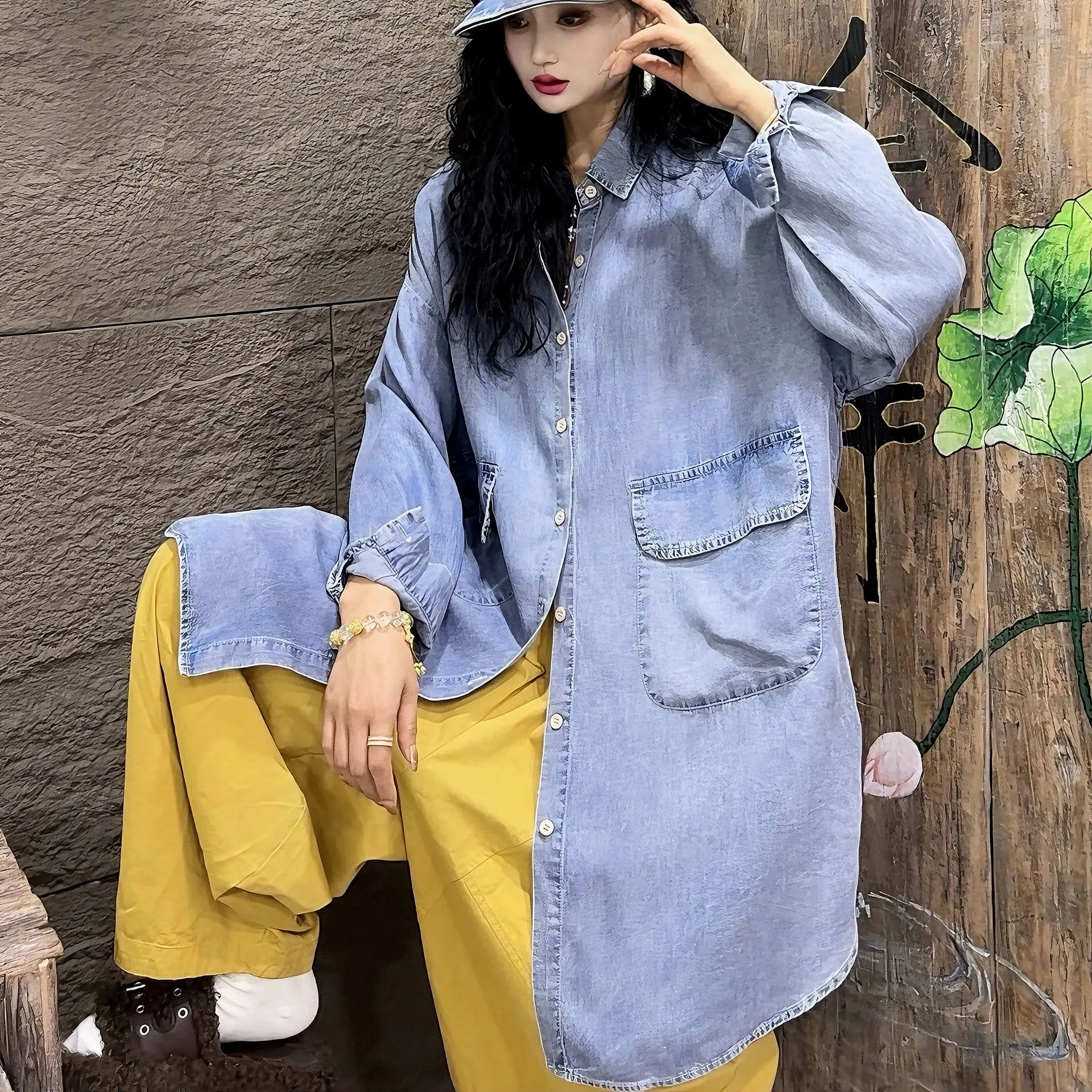 

SuperAen Spring 2026 New Korean Style Retro Solid Color Patchwork Pocket Denim Shirt Loose Lapel Collar Women Mid-length Shirts