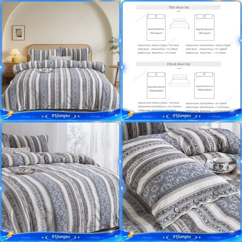 Double Layer Yarn 100% Cotton Bedding Set Bohemian Print Duvet Cover Fitted Sheet Pillowcases 4Pcs Soft Cozy Home Textile