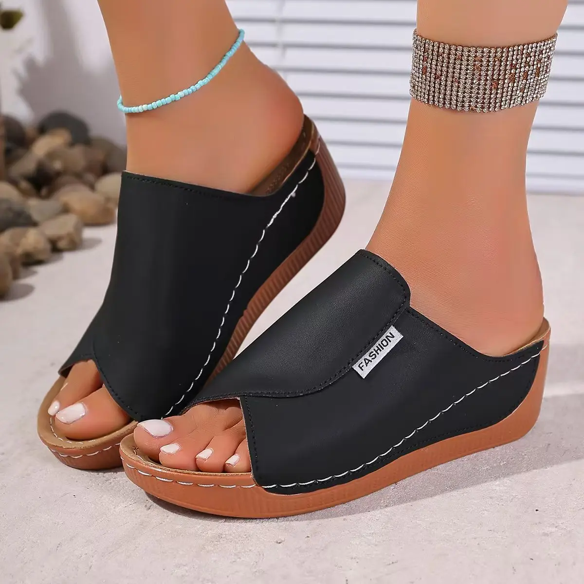 Sandales compensées pour femmes, 5 cm de hauteur, antidérapantes, à plateforme, bout ouvert, en cuir PU, pour l'été, usage quotidien, intérieur et extérieur