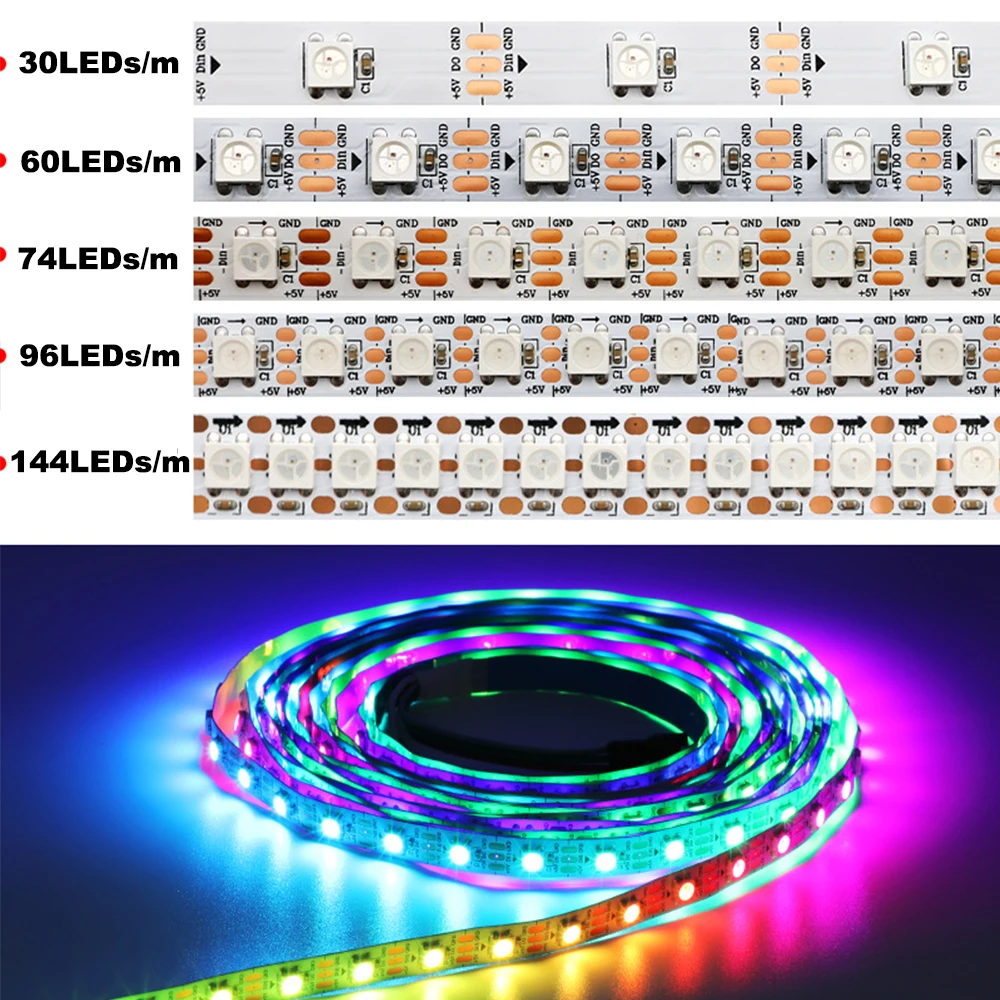 Imagem -04 - Fita de Luz de Led com Pixel Inteligente 1m 2m 3m 4m 5m Ws2812b 30 60 144 Pixels Leds m Ws2812 ic Ip30 Ip65 Ip67 Fita de Lâmpada de Led de cc 5v