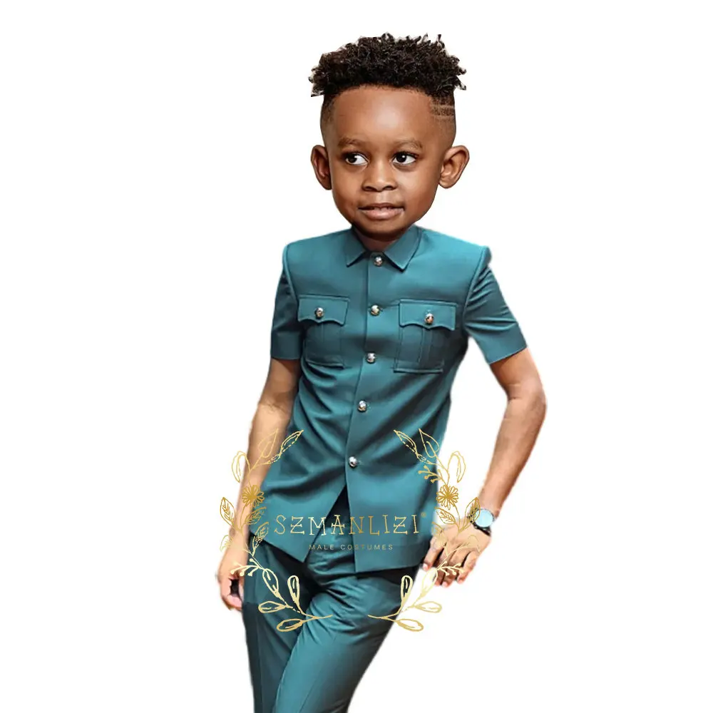 

Oil Green Suits for Boy 2 Pieces Slim Fit Fashion Chinese Child Suit Wedding Blazer Pants Set Short Sleeves Tuxedos for Kids