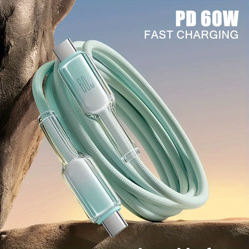 60W crystal transparent Type-C fast charging data cable, compatible with iPhone