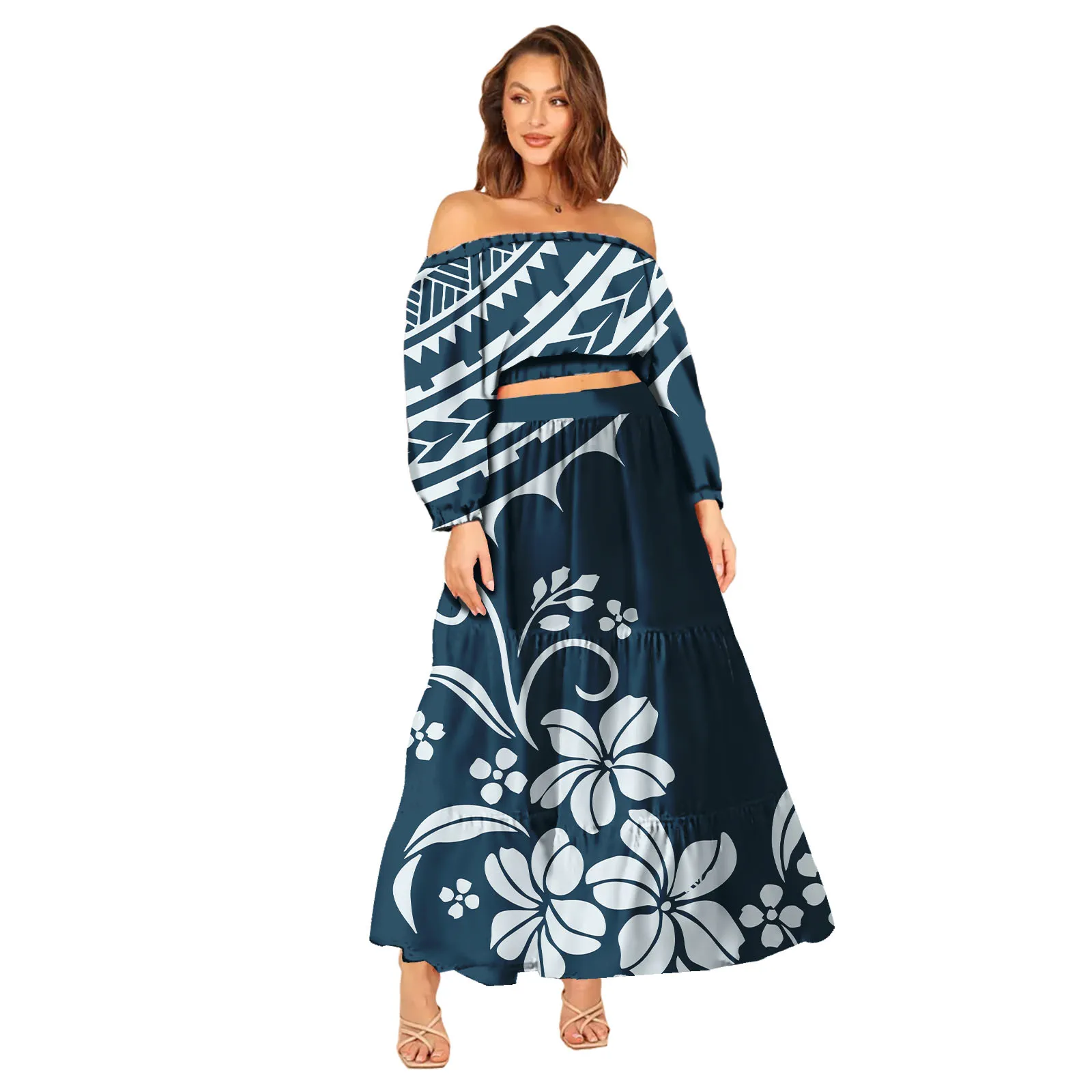 2 piece set women  long hawaiian samoan puletasi  Personality Fashion   stretching dress