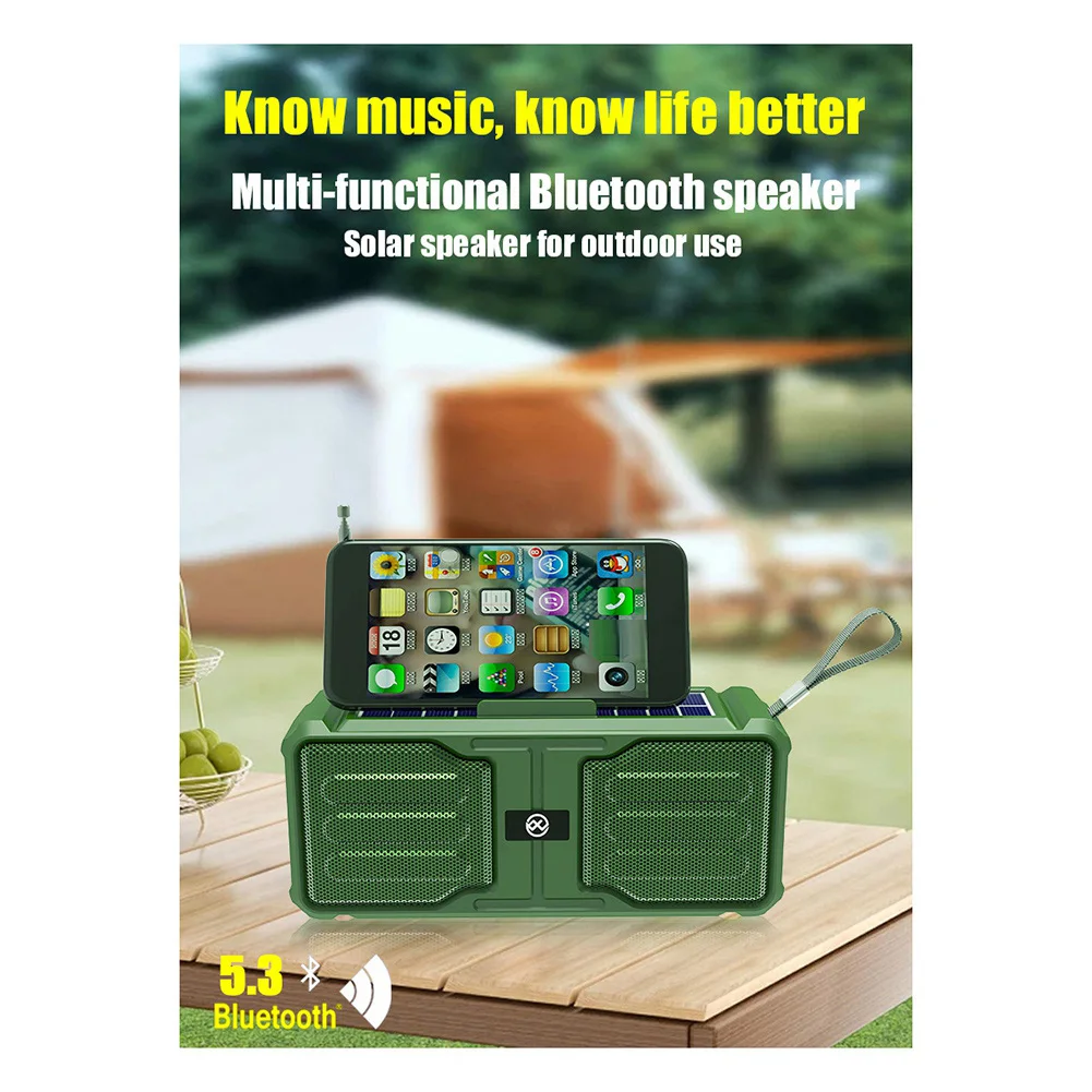 

【Today-Only!】Solar Powered Bluetooth Speaker Wireless Stereo Speaker with Flashlight TWS Outdoor Subwoofer TF/FM Radio Green